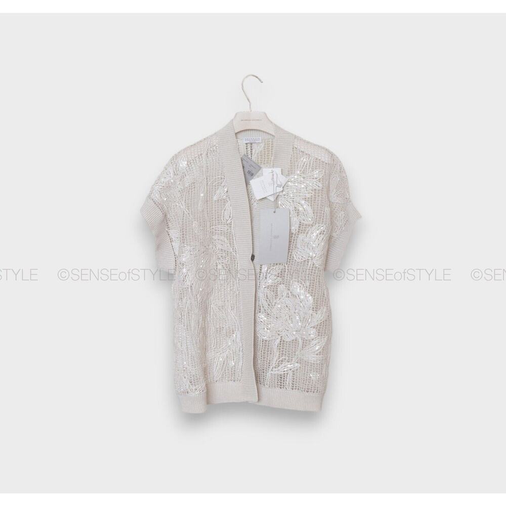 Brunello Cucinelli Women's Cardigan White Top Handmade Floral Size M - Picture 3 of 10